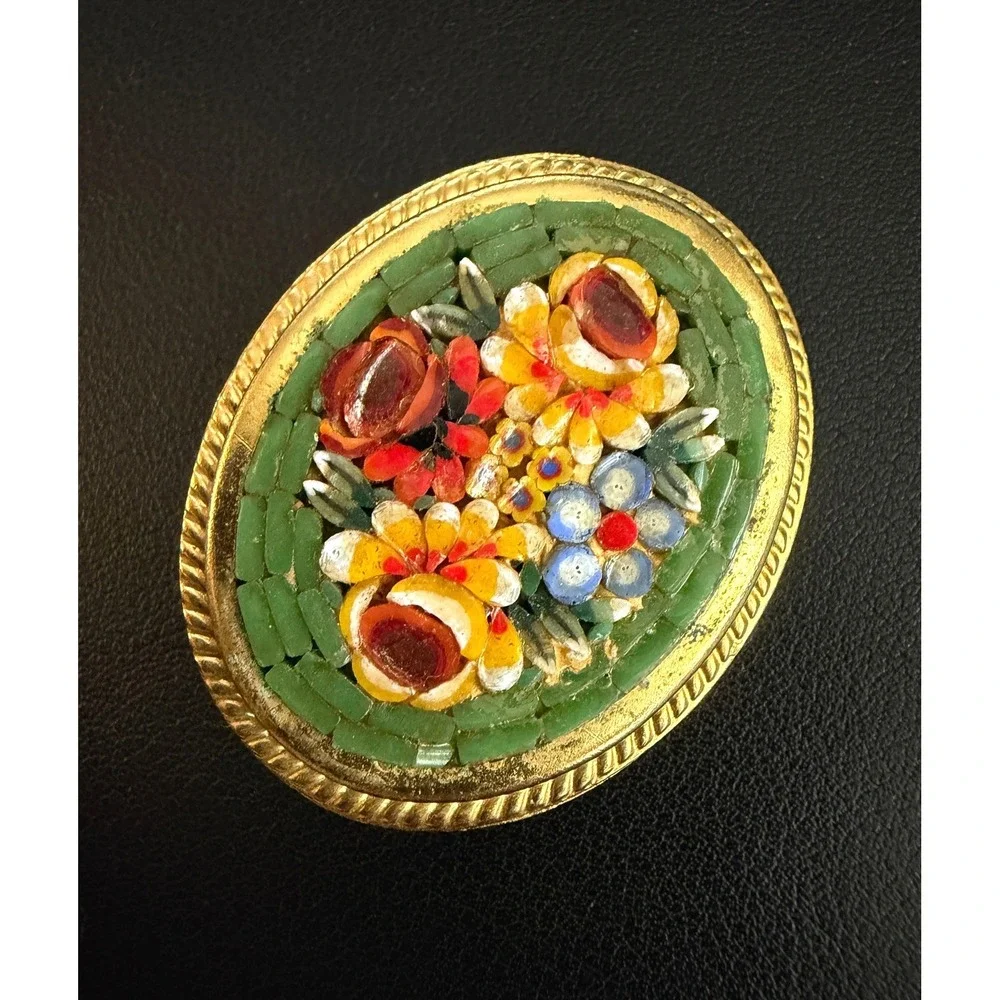 Vintage Micro Mosaic Brooch Green